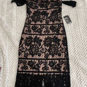 Express Black Lace with nude underlay Midi Dress